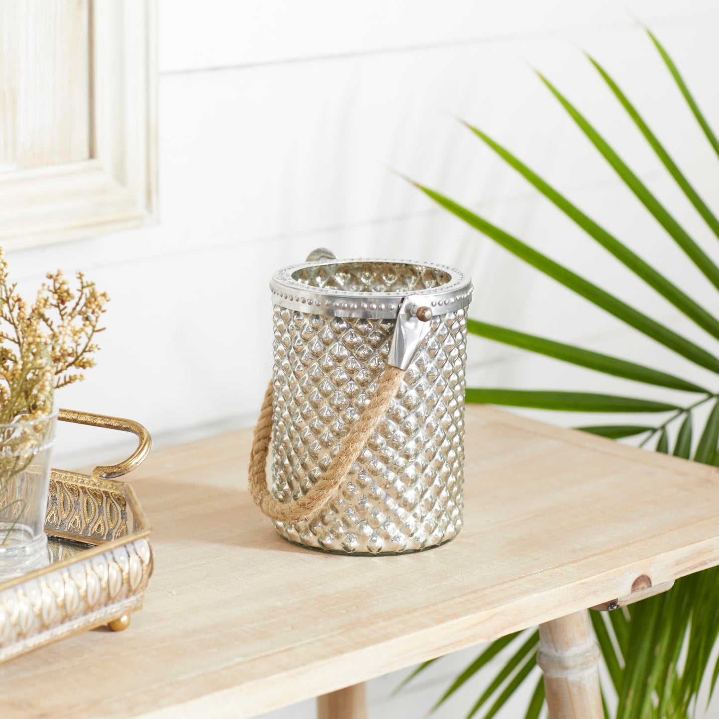 Deco 79 Glass Handmade Indoor Outdoor Candle Lantern Decorative Lantern Candle Holder with Rope Handle, Lantern 5" x 5" x 13", Silver