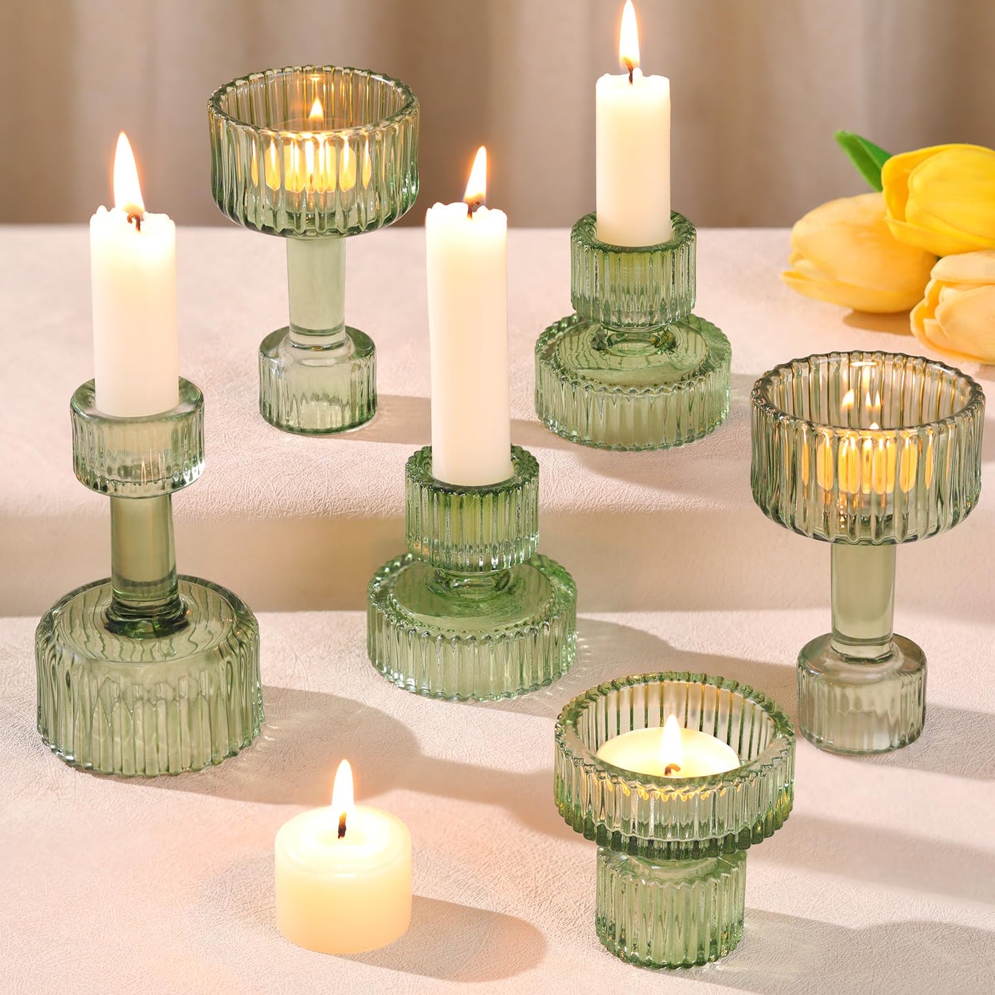 Lanttu Green Glass Taper Candle Holders Set of 6 Candlestick Holders Bulk Combination Candle Holders Crystal Candle Holders for Wedding, Table Centerpiece, Home Decoration