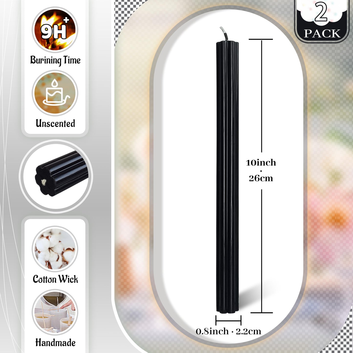 Dripless Taper Candles Unscented Black Candlesticks 10 Inch Smokeless Long Candle Handmade Ribbed Candles for Table Home Decoration Holiday 2 PCS