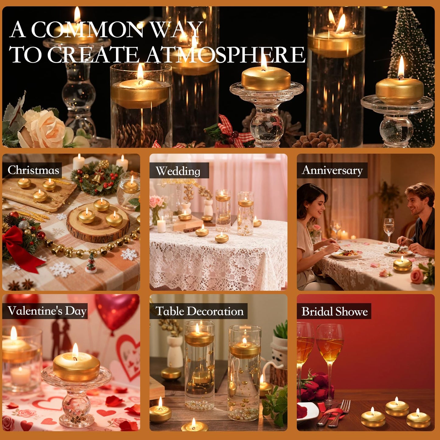 GINITIRI 2 inch Gold Floating Candles, 48 Pack Unscented Floating Candles for Centerpieces,5-6 Hours Water Activated Candle Bulk for Cylinder Vases Wedding Pool
