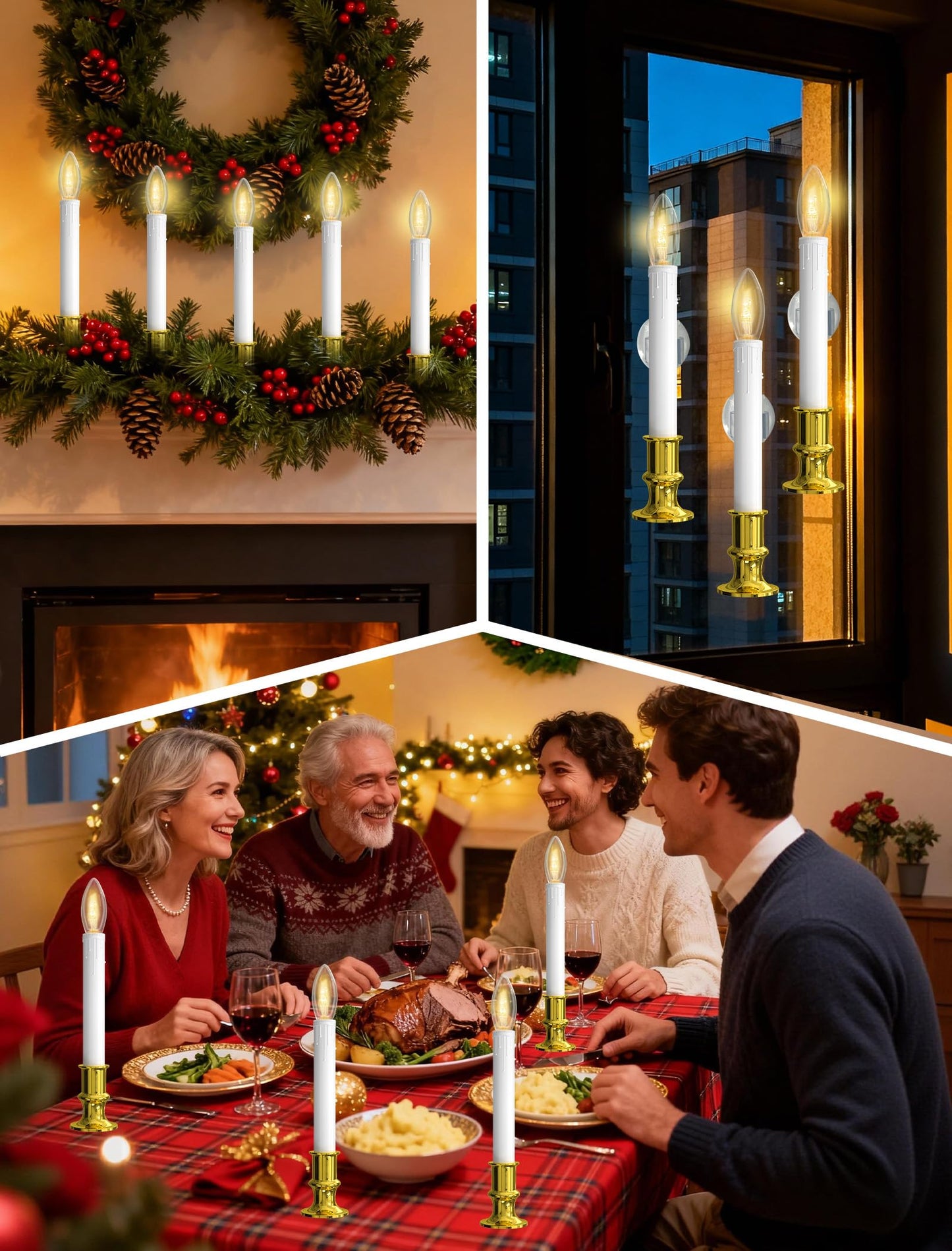 Romasaty 4 Pack Christmas Window Candle Lamps, Battery Operated Window Candle Lights with Automatic Timer and C26 3V LED Bulbs Candlestick for Indoor Windows Table Decor, 4 Suction Cups