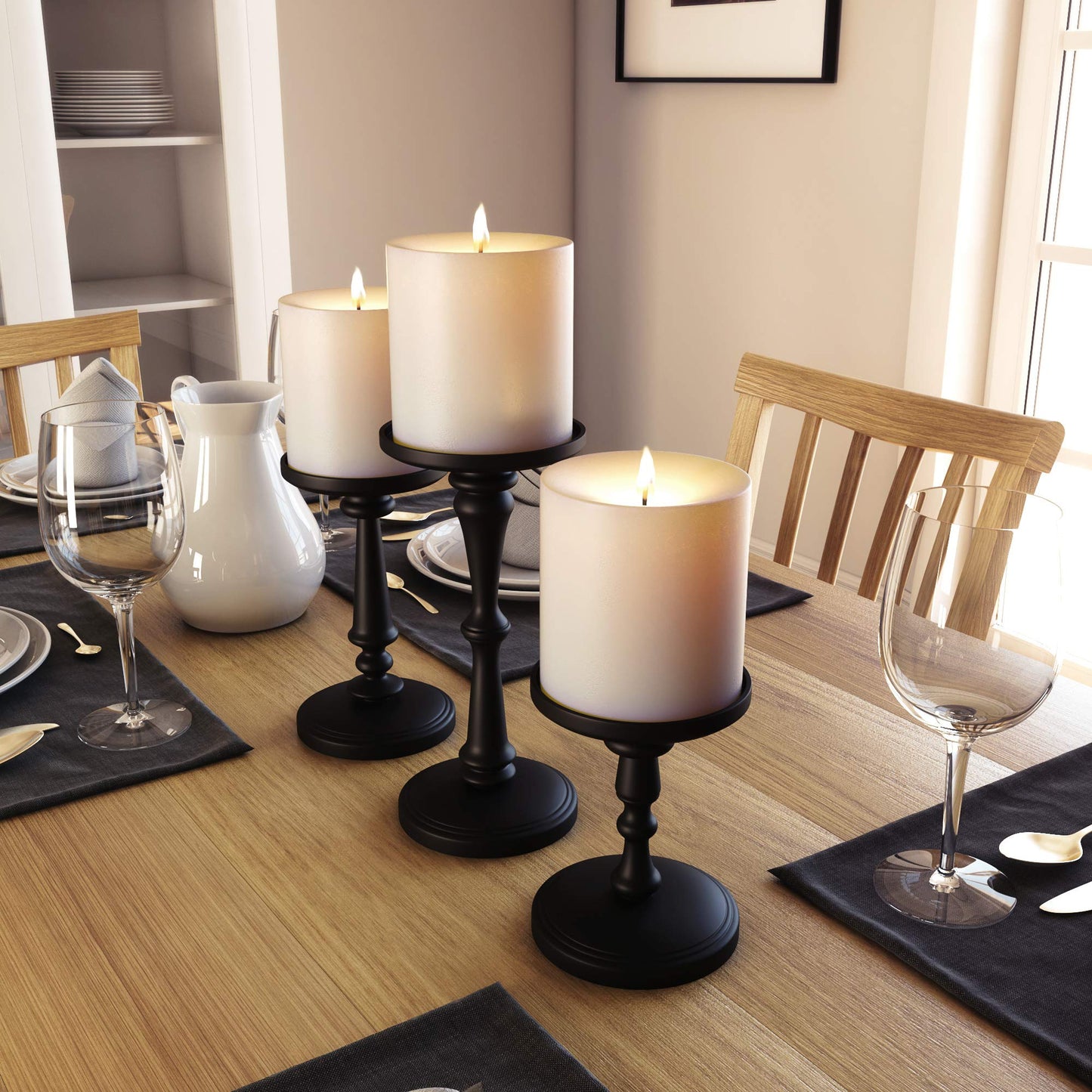 Matte Black Candle Holders Set of 3 - Metal Candle Holders for Pillar Candles & LED Flameless Candles - 6, 8 & 10 Inch Tall - Decorative for Table, Fireplace & More - Pillar Candles Holders Sets of 3