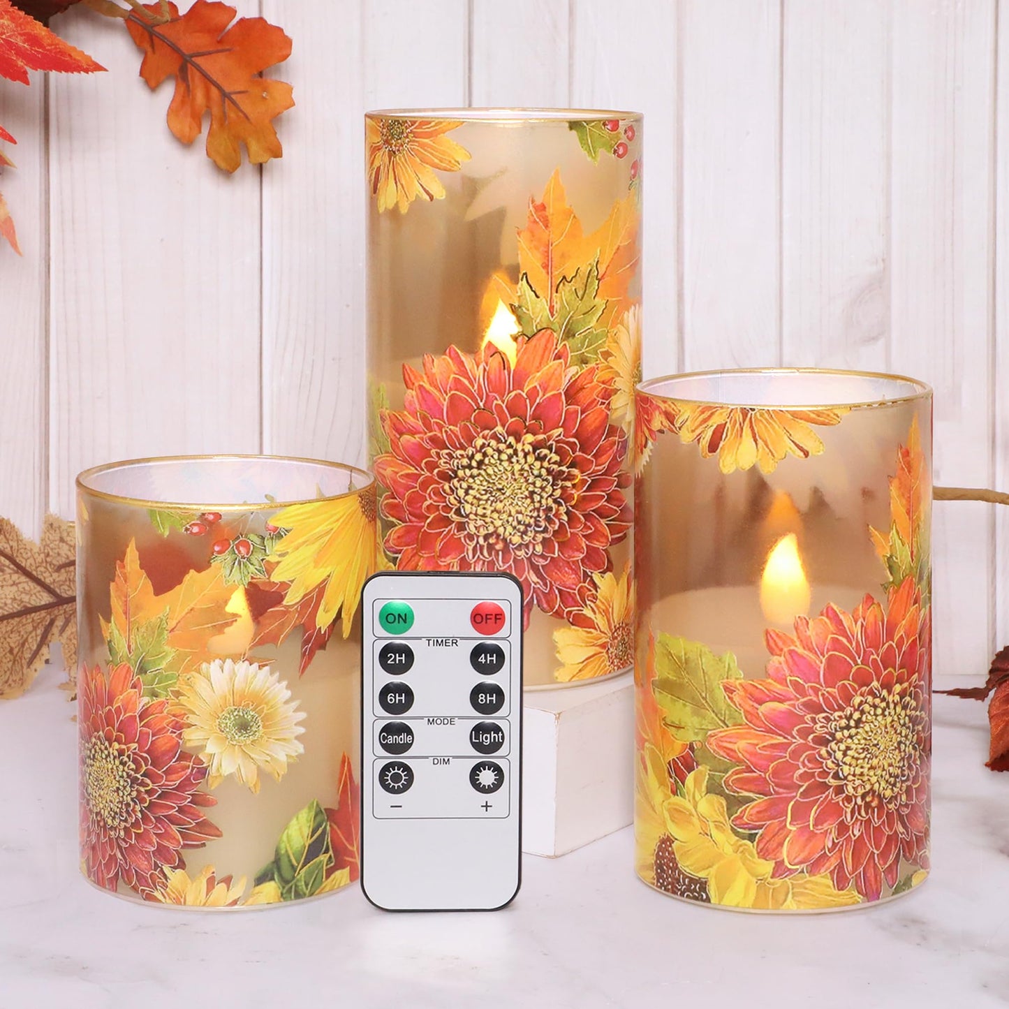 Silverstro Flameless Candles Chrysanthemum Decal with Remote & Timer - Real Wax Flickering Battery Operated Candles - Home Farmhouse Holiday Spring Decorations - Set of 3