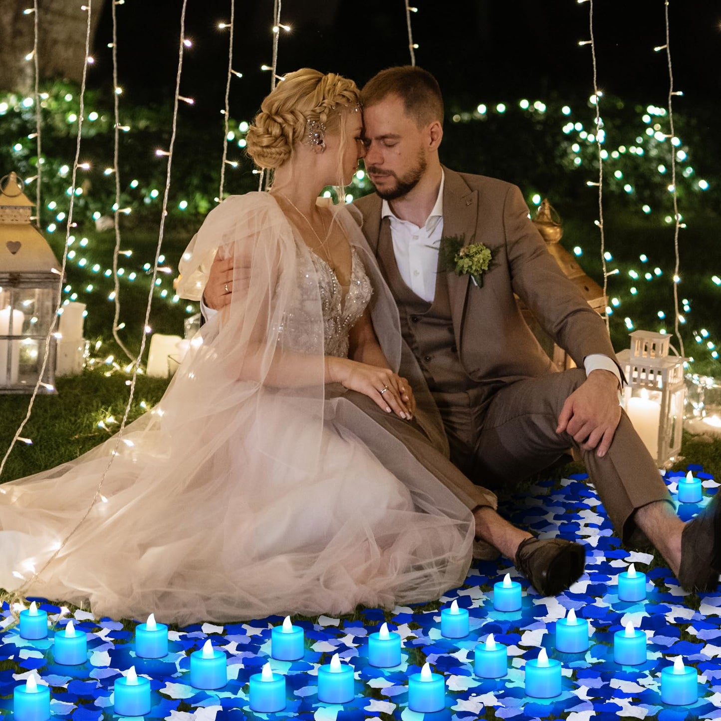 Coume 6000 Pcs Artificial Rose Petals with 72 Pcs Flameless LED Candles Romantic Decorations Fake Candles Happy Anniversary Decorations for Wedding Night (Blue, Blue Series Petal)