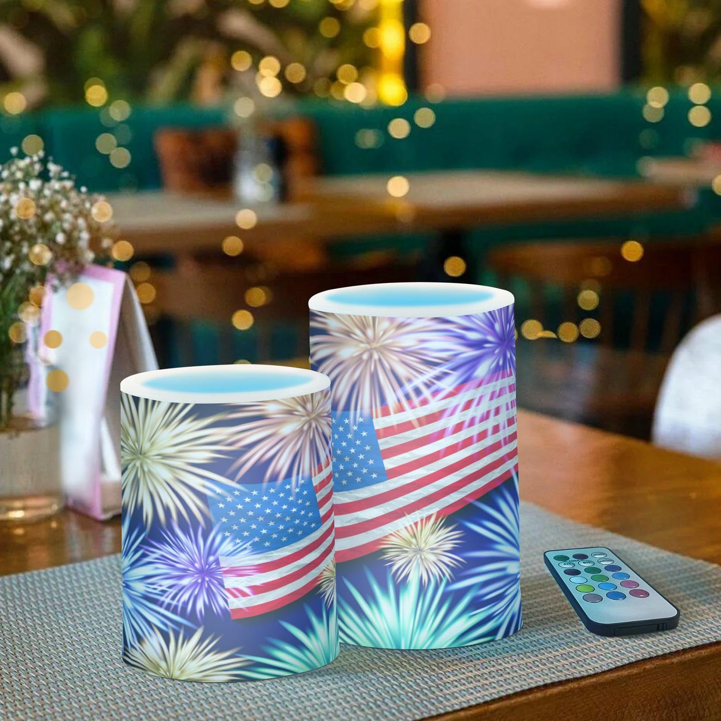 Eionryn American Flag Fireworks Flameless Candles Memorial Day Patriotic 4th Of July Battery Operated LED Candles with Remote Timer Electric Candles for Home Party Decor 2pcs