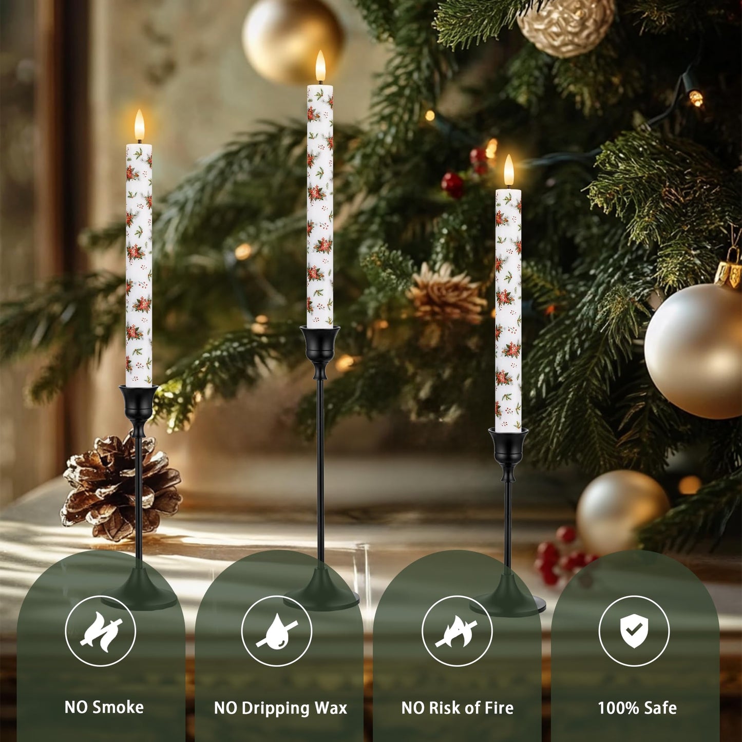 SEHNSY Christmas Flameless Taper Candles, 4 Pcs 9.64 Inch Poinsettia LED Candlesticks with 3D Flickering Flame, Battery Operated Candle with Remote for Xmas Home Décor Christmas Gifts
