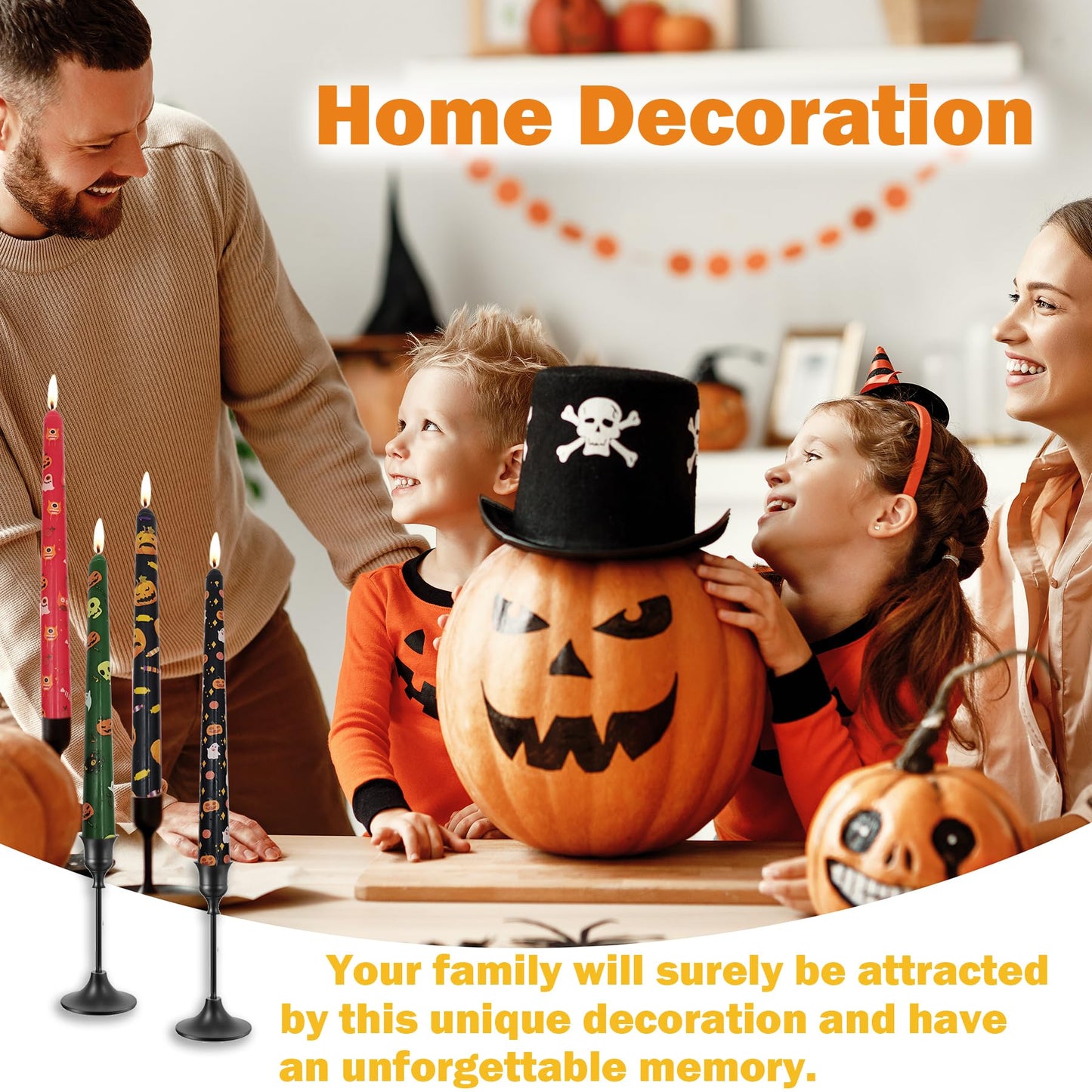 FYBW 10-Inch Halloween Taper Candle Set of 4,Pumpkin Skeleton & Bat Prints, Spider Web Spooky Dinner Candles, Gift for Festive Halloween Day Decoration