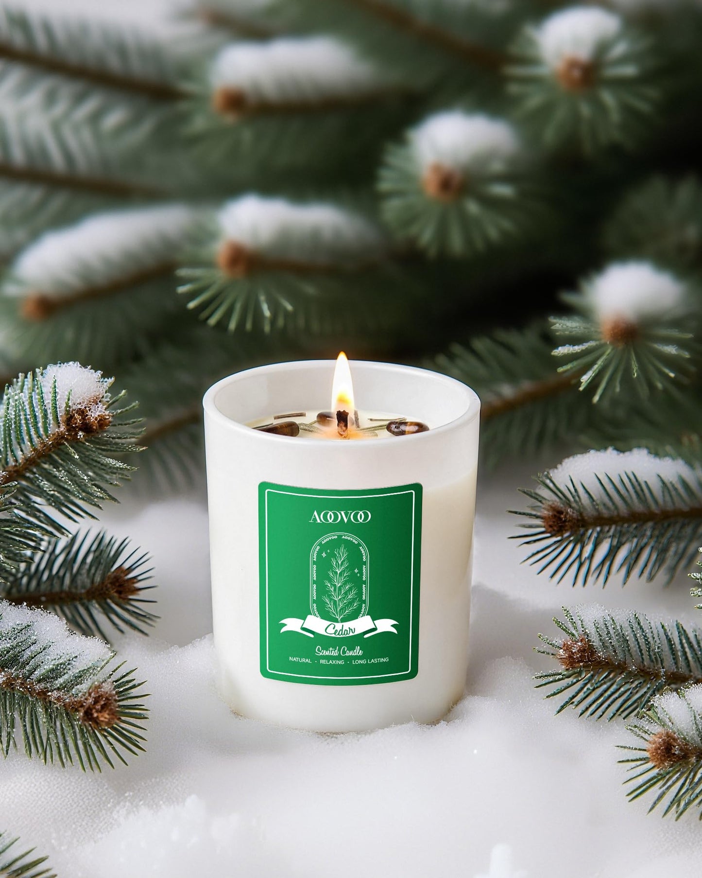 AOOVOO Holiday Candles Set for Women - 4 Pack Candles for Home Scented, Aromatherapy Candle with Crystals, 28 oz 200 Hour Long Lasting Candle, Winter Fragrance of Cedar, Fir, Hot Cocoa, Vanilla Cake