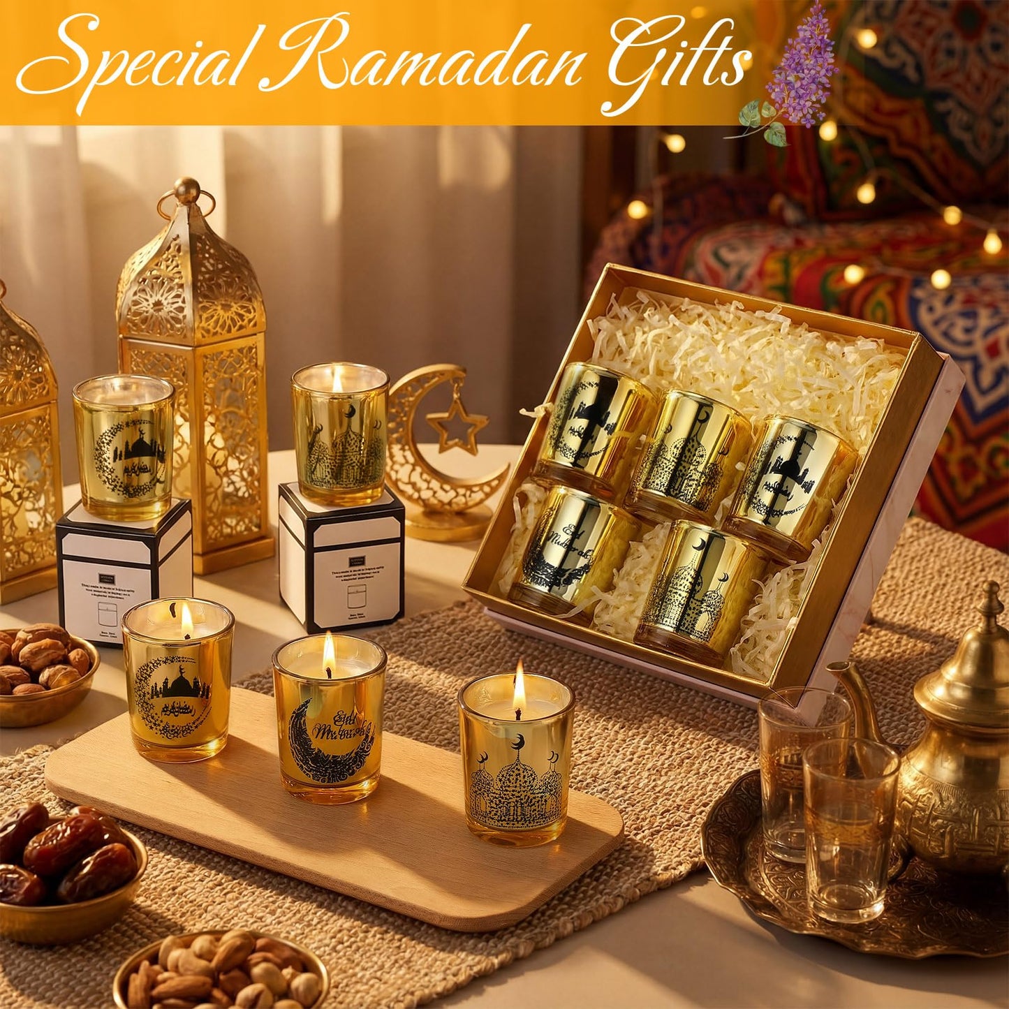 MTLEE 12 Pcs Ramadan Gifts Ramadan Mubarak Scented Candle Jar Eid Candles Eid Religious Novelty Candle Mubarak Gift for Home Muslim Islam Gifts Festival Decor(Gold)