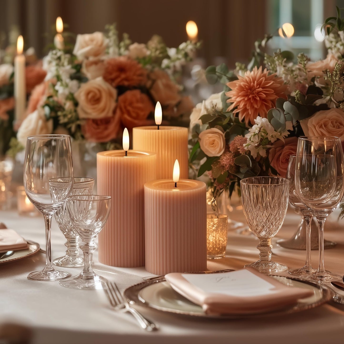 West Ivory Fluted Ribbed LED Pillar Candles, Blush Beige, with Reflective Melted-Wax Effect – Flickering Flame, Remote, Dimmable, Flameless, Battery Operated, Home & Wedding Decor (Set of 3)