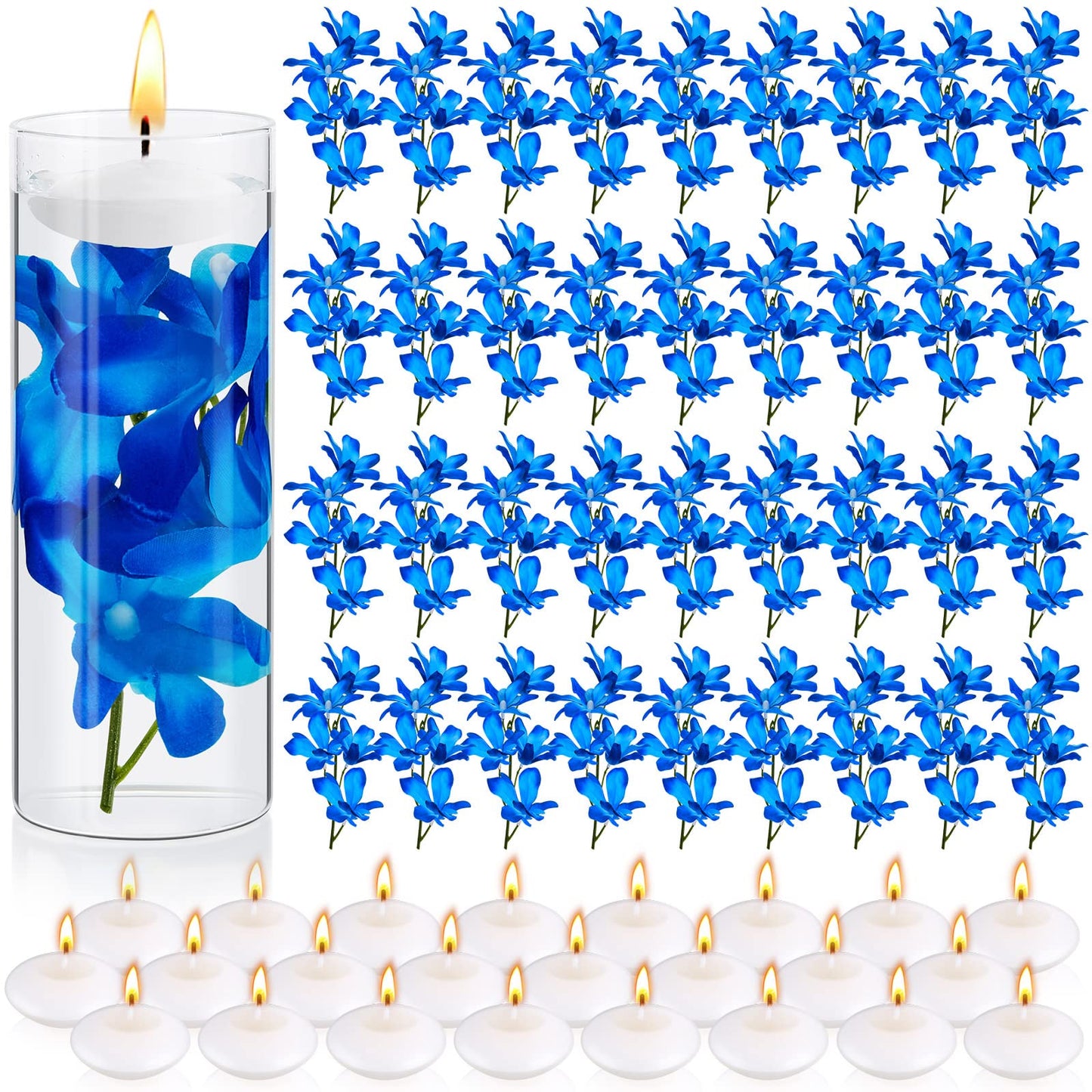 Hanaive 42 Pcs Blue Orchids Artificial Flower Vase Fillers for Floating Candles Wedding Table Centerpiece Blue Orchid and Unscented Floating Candles for Wedding Table Christmas Party Home Decoration
