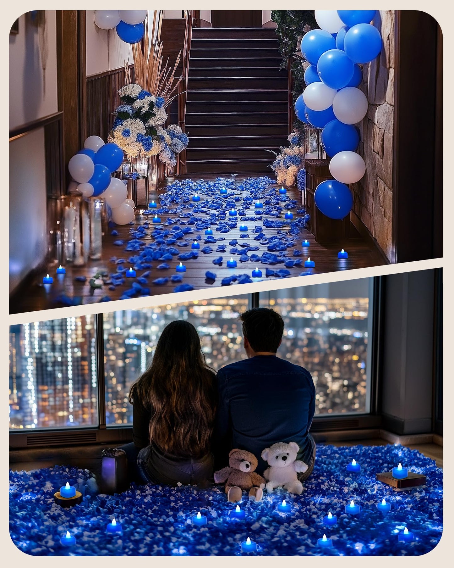 Amagic 1000 Pieces Blue Artificial Rose Petals with 12 Blue Heart LED Tea Lights, Rose Petals, and Candles Set for Proposal, Anniversary, Romantic Night, Wedding Decor