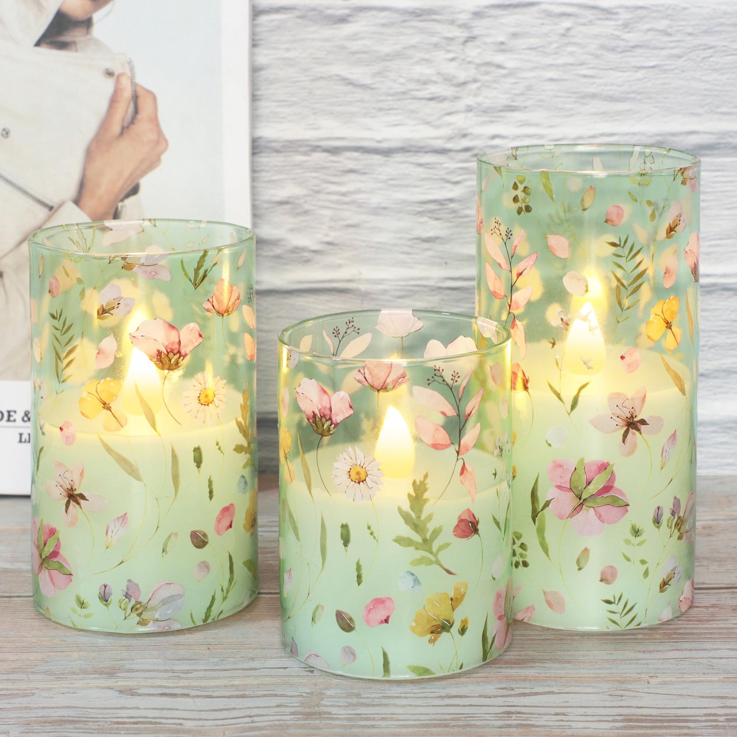 Silverstro Flameless Candles with Remote Timer, Glass Battery Operated LED Candles, Green Floral Design, Cylindrical Shape, Set of 3 for Home Party Wedding Decor