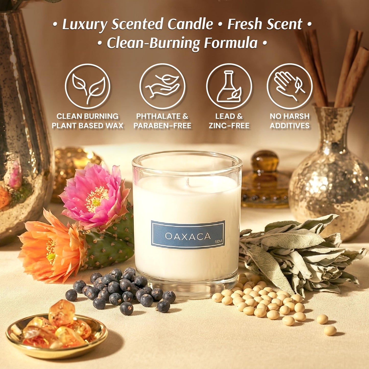 Oaxaca Luxury Scented Candle – Natural Plant Based Wax, 9oz – Cactus Flower, Juniper Berry, Sage & Cedarwood - Long Lasting 60 Hour Burn – Non-Toxic, Hand-Poured in USA for Home