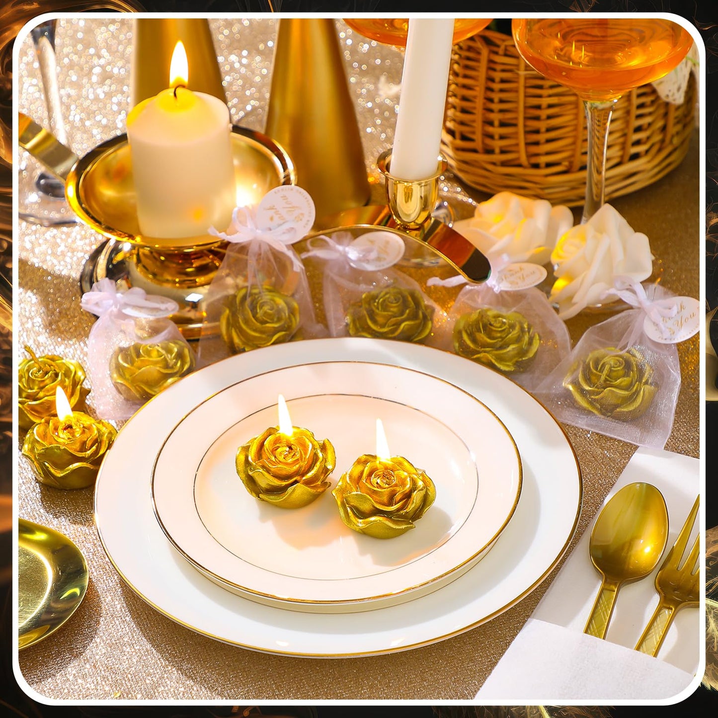 Treela 24 Set Flower Candles Wedding Favor for Guests Mini Gold Rose Shaped Tealight Candles for Return Gift Wedding Birthday Bridal Shower Housewarming Party
