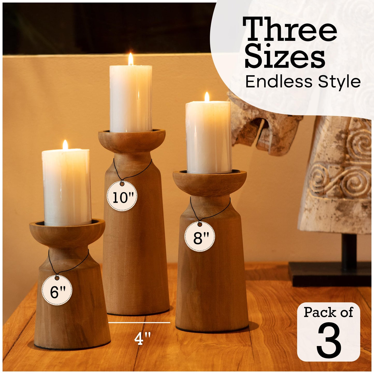 Set of 3 Wooden Candle Holders