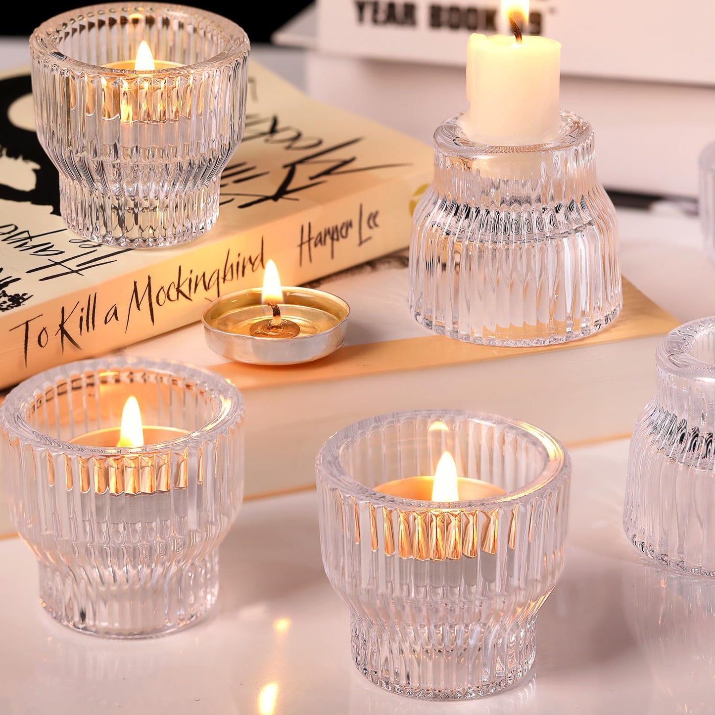 HAVITI 12 Pack Clear Taper Candle Holders, Glass Candlestick Holders, Tea Light Candle Holder for Fall Wedding Centerpieces Table Decorations, Votive Candle Holders for Table Decor