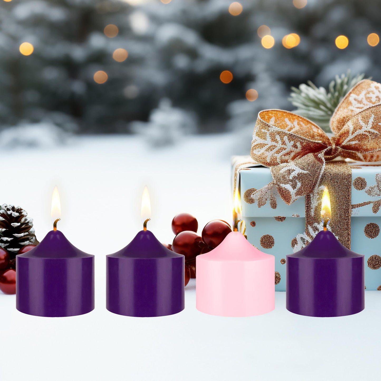 Mega Candles 4 pcs Unscented Christmas Advent Candles Set, Hand Poured Premium Wax Bell Top Round Pillar Candle 3 Inch x 3 Inch, Holidays, Festivities, Devotional, Church, Wreath, Party, Gifts