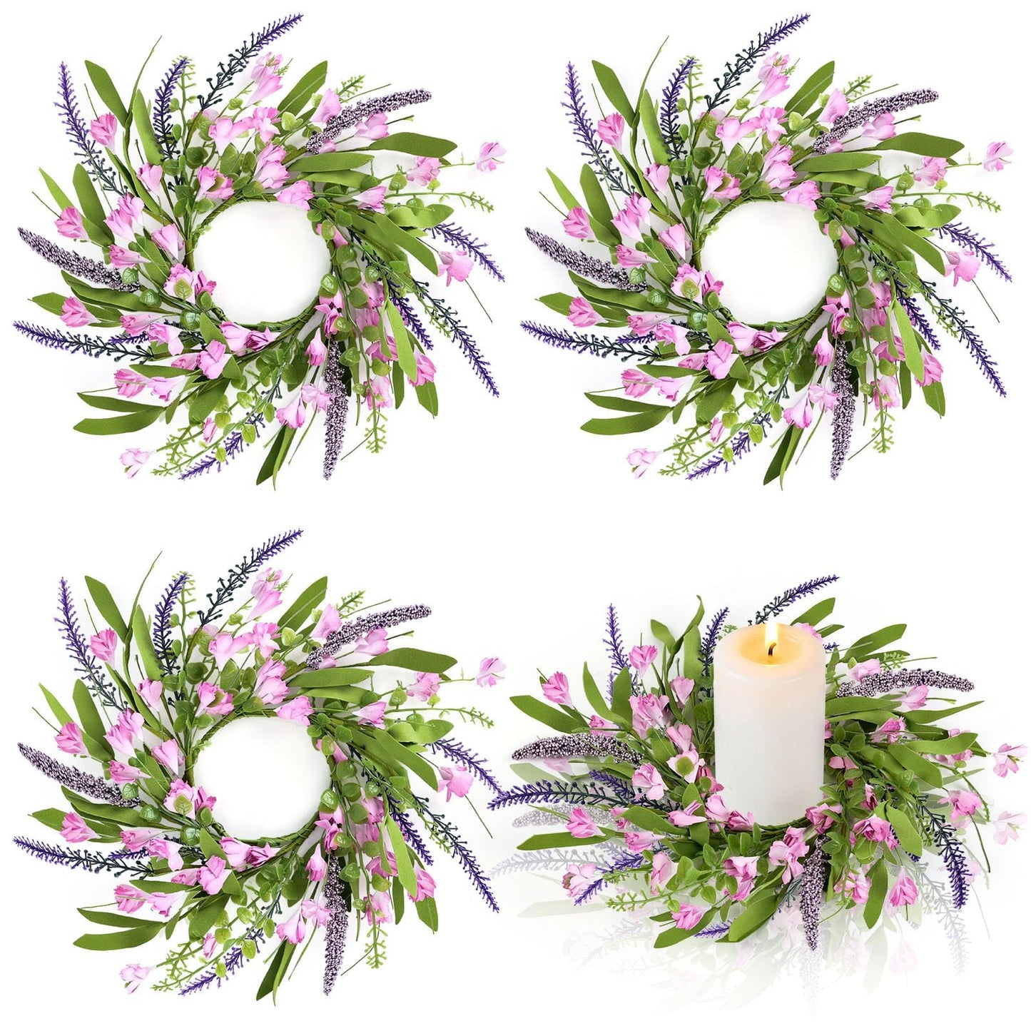 4 PCS Spring Summer Artificial Flowered Wreath Candle Rings Forsythia Lavender Candle Rings Pillar Holder Wreath Mini Floral Candle Rings Wreaths Kitchen Cabinet Swags for Wedding Home Tabletop Decor
