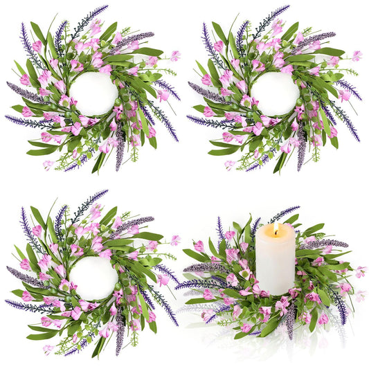 4 PCS Spring Summer Artificial Flowered Wreath Candle Rings Forsythia Lavender Candle Rings Pillar Holder Wreath Mini Floral Candle Rings Wreaths Kitchen Cabinet Swags for Wedding Home Tabletop Decor