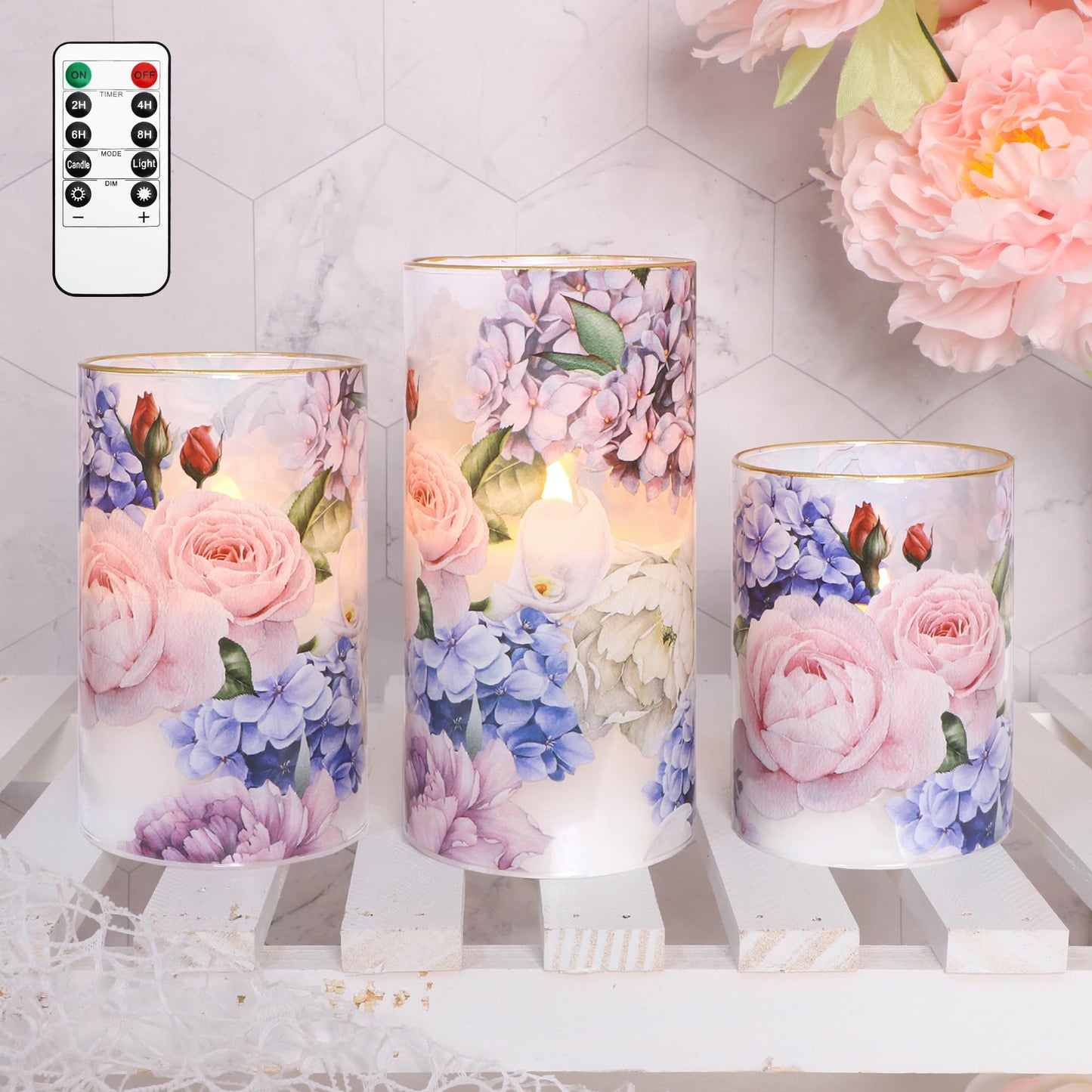 Silverstro Hydrangea Rose Flameless Candles with Remote Control & Timer Function - Real Wax Glass Battery Operated Candles - Home Farmhouse Holiday Christmas Valentine's Day Decorations - Set of 3