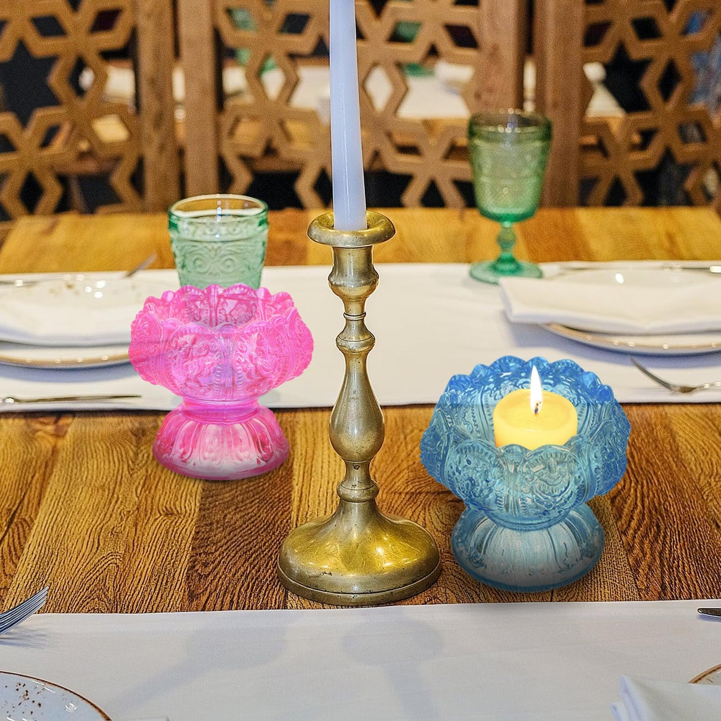 HOMOCONO 3pcs Glass Candleholder Set with High Base, Blue Red Pink Small Decorative Butter Lamp Holders for Desktop Religious and Home Décor