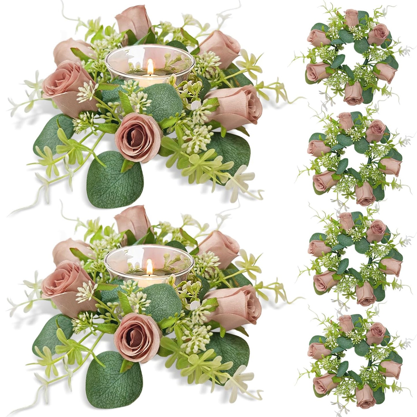 OrgMemory 6 Pcs Candle Rings, Artificial Eucalyptus Leaves Wreath, Pillar Candle Holder for Wedding Home Door Tabletop Decoration, Small Candle Rings Wreaths(Dusty Rose)