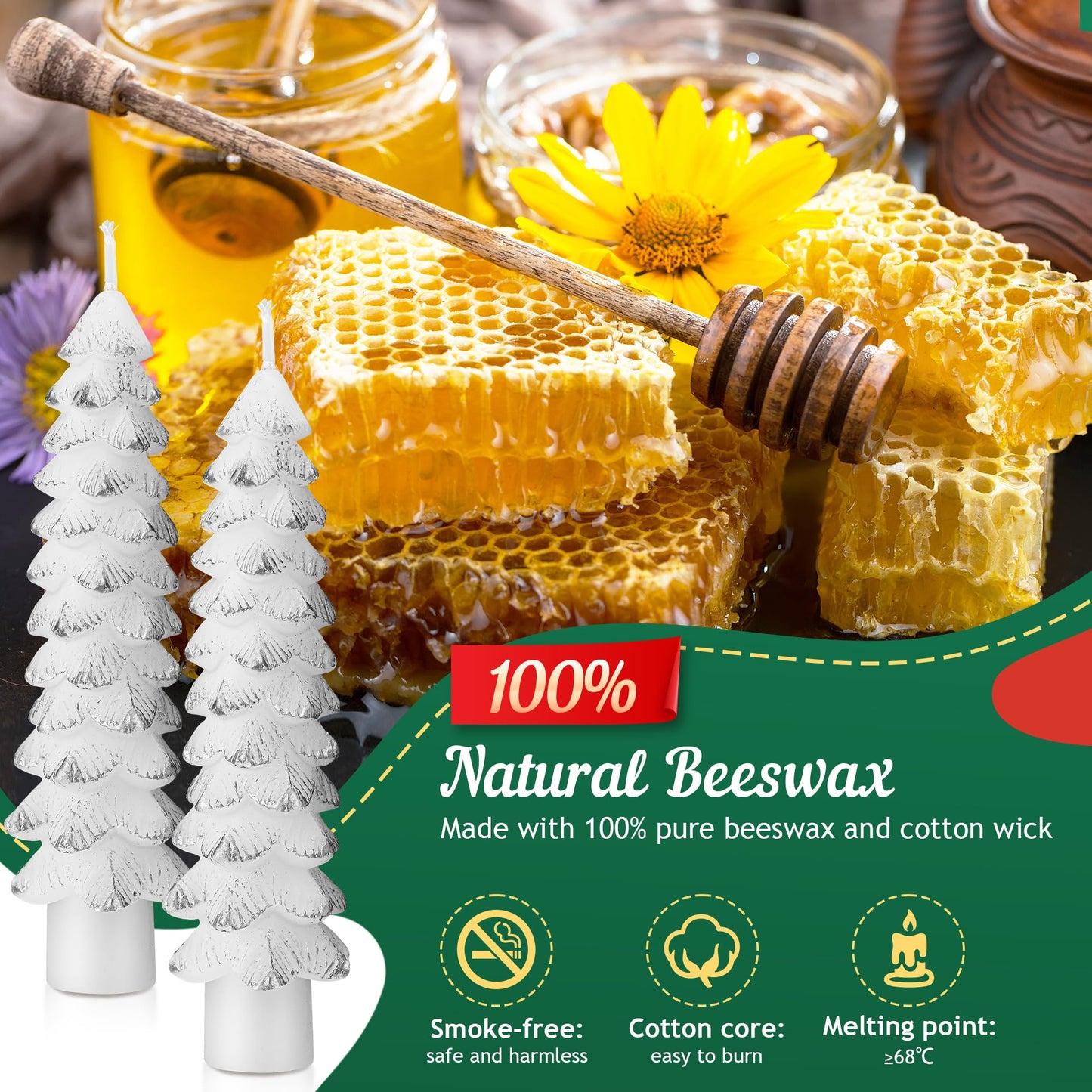 Ceoighe 2 Pack Christmas Tree Candles, 5 Inch Unscented Tree Shaped Taper Beeswax Candles for Christmas Holiday Decor Table Centerpiece Display Party Banquet Gift (White with Silver Trim)