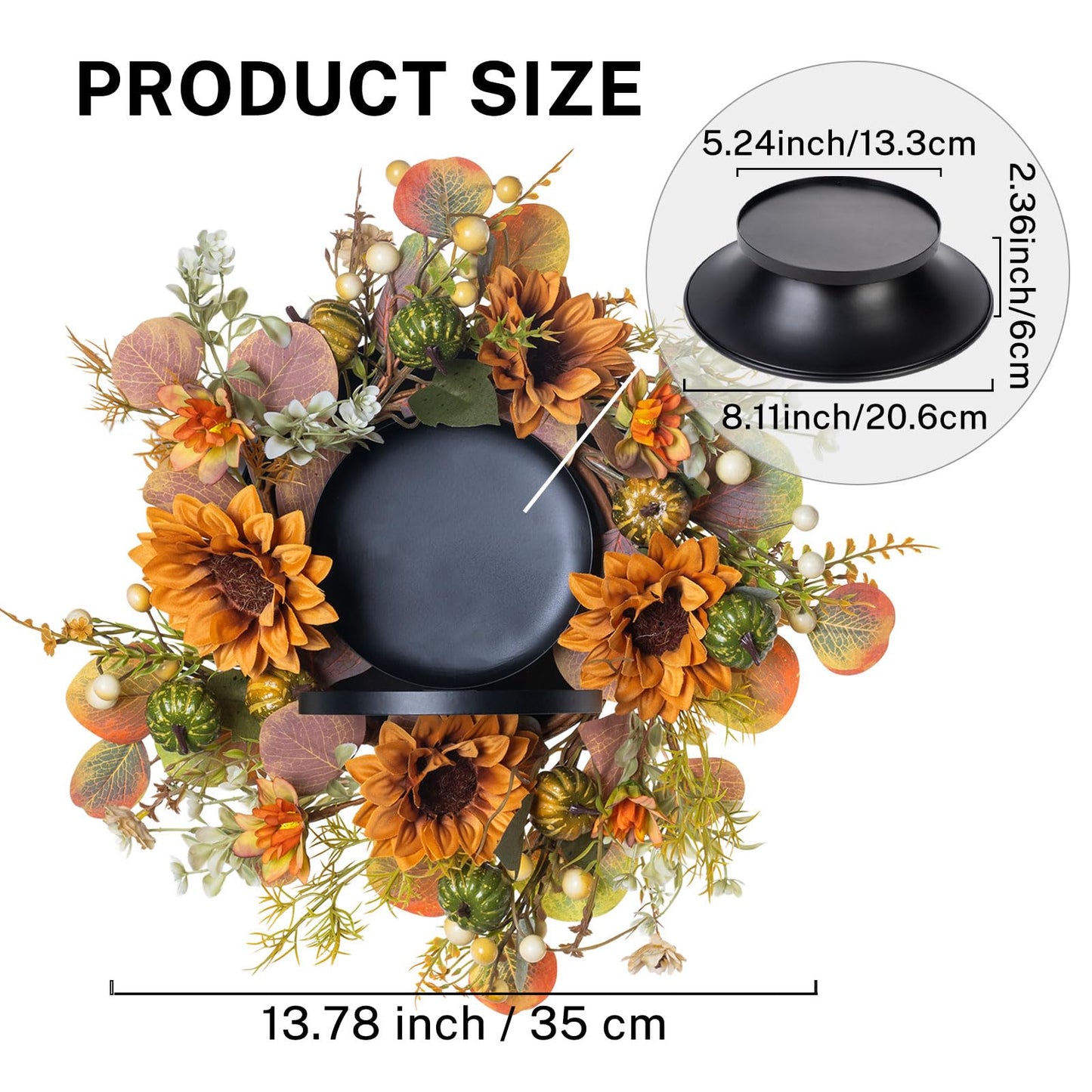 MOYEE Autumn Candle Holder Centerpieces for Tables,Candle Ring, Black Metal Candlestick with an Artificial Wreath 14 in Versatile Dining Table Centrepiece (Caramel Sunflower Wreath)