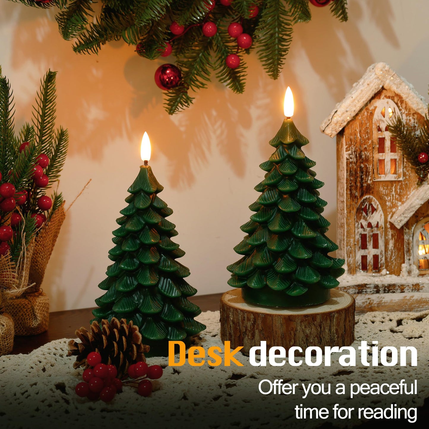 JOIONE Christmas Tree Flameless Candles with Remote Timer, Battery Operated Flickering Candles, LED Real Wax Candles for New Year Celebration, Christmas Decor, Set of 2, Green (3.15" X 7.48")