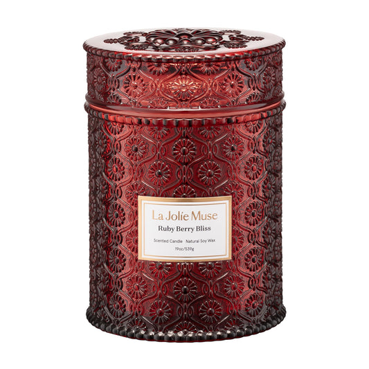 LA JOLIE MUSE Ruby Berry Bliss Scented Candle for Home | Christmas Winter Holiday | 19 oz Non Toxic Natural Soy | Large Red Jar Candle | Luxury Gifts for Women & Men | Wood Wick