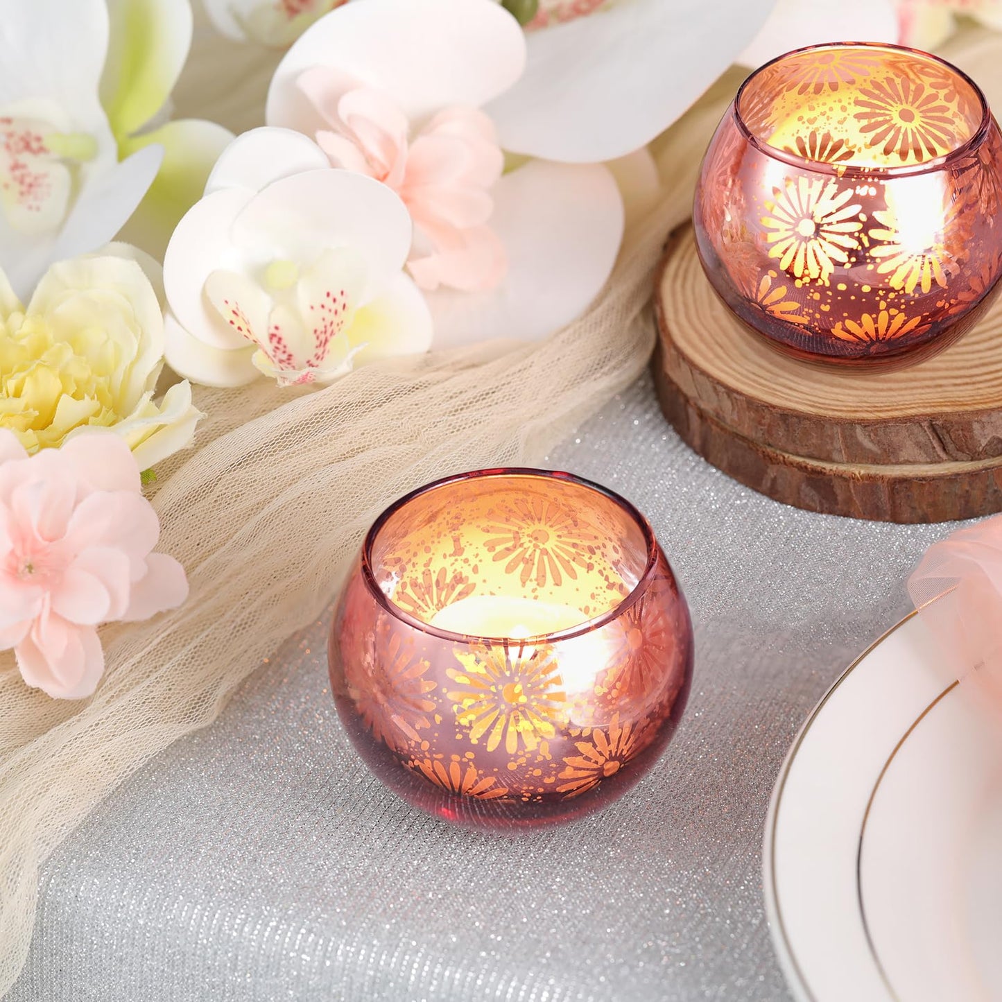 sunnyfuture Pink Mercury Glass Votive Candle Holders Set of 12, Round Tealight Candle Holders for Table Centerpieces, Weddings, Shower Gifts, Valentine's Day, Mother's Day, Party Decorations