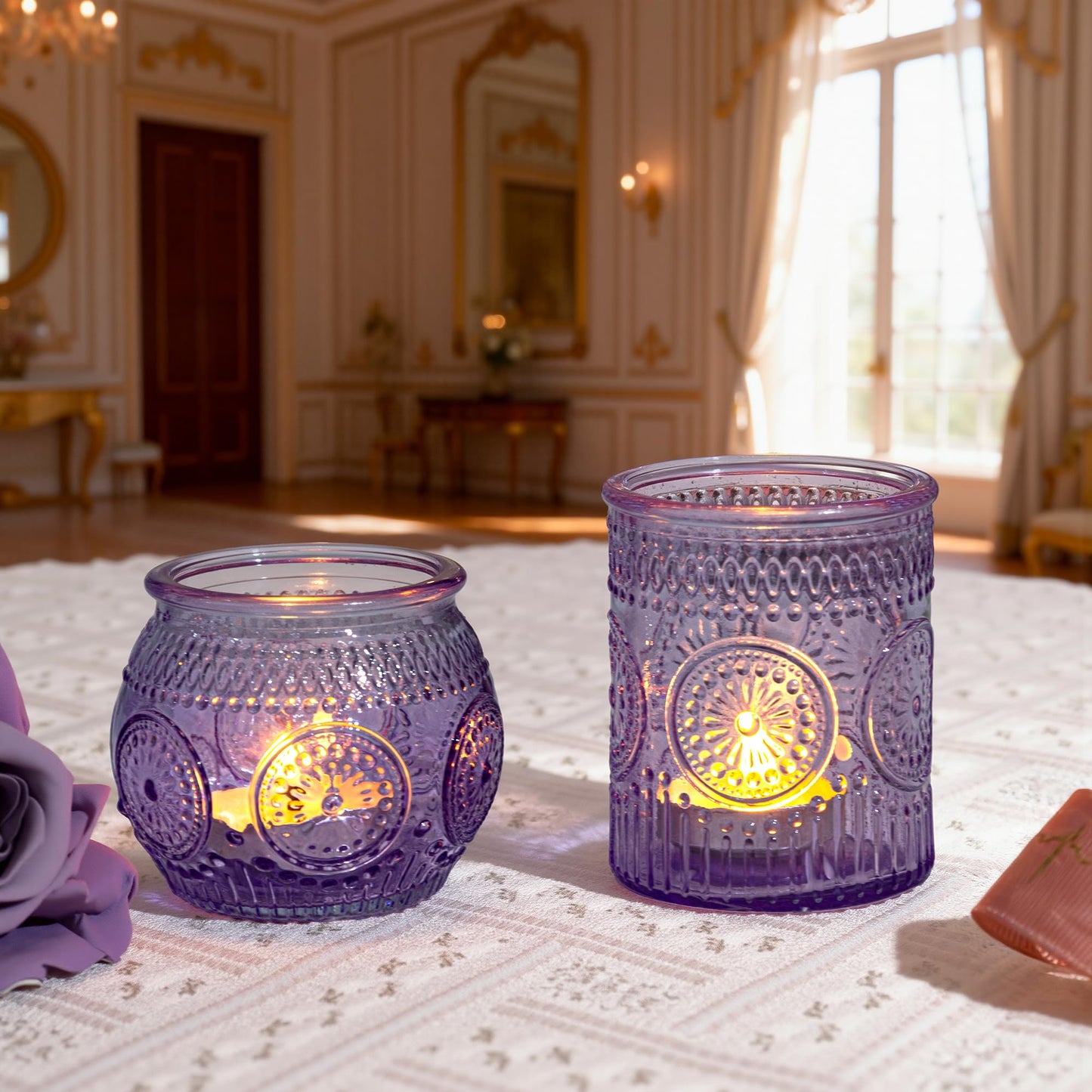 WELLIFE 24-Piece Purple Glass Votive Candle Holders Set – Tealight Candle Holder Glass Bulk with 12 Round & 12 Sunflower Textured Cups, Purple Votive Candle Holders for Weddings, Parties, Home