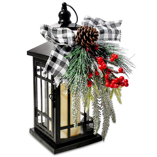 Christmas Decorative Lantern w/LED Flickering Flameless Candle - 14 Inch, Antiqued Vintage Lantern with Xmas Ornament for Outside Indoor Table Holiday Party Decorations