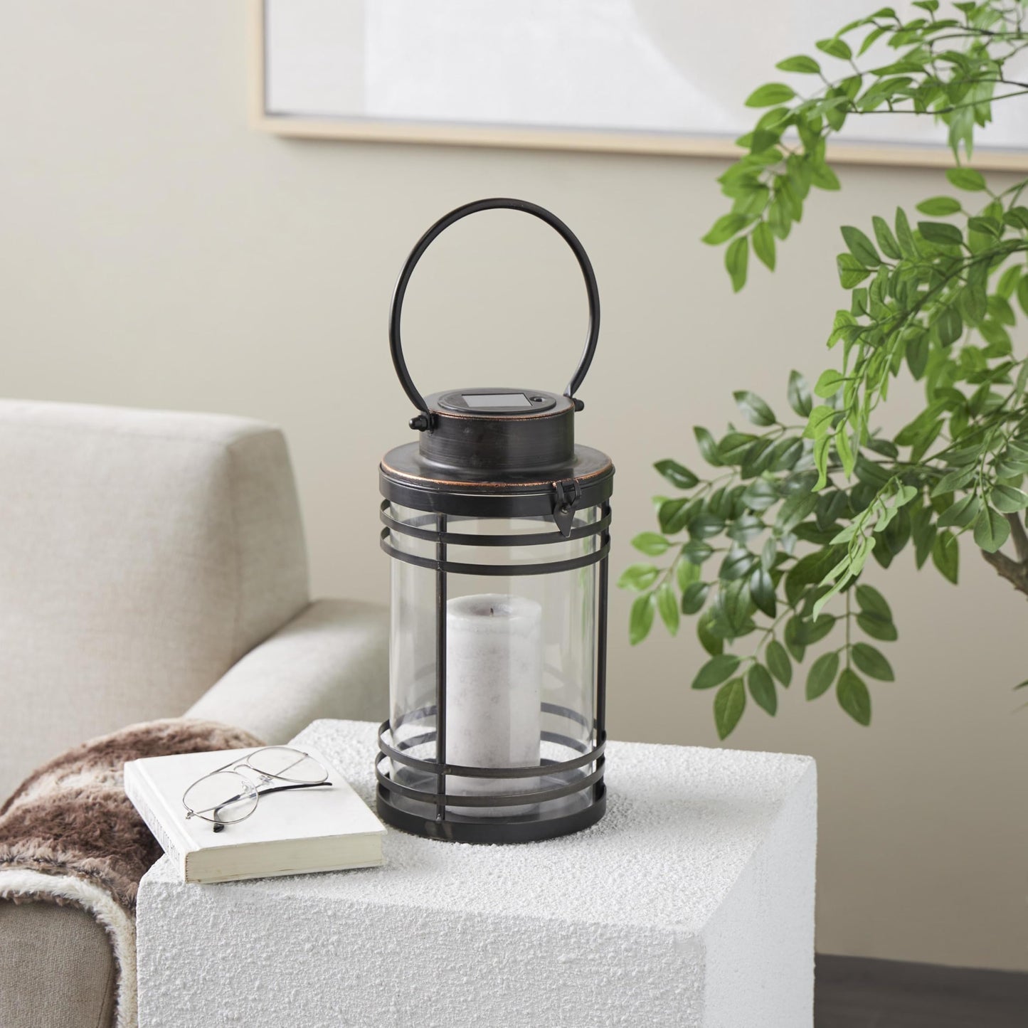 Deco 79 Metal Candle Lantern with Round Circle Lines, 7" x 7" x 12", Black