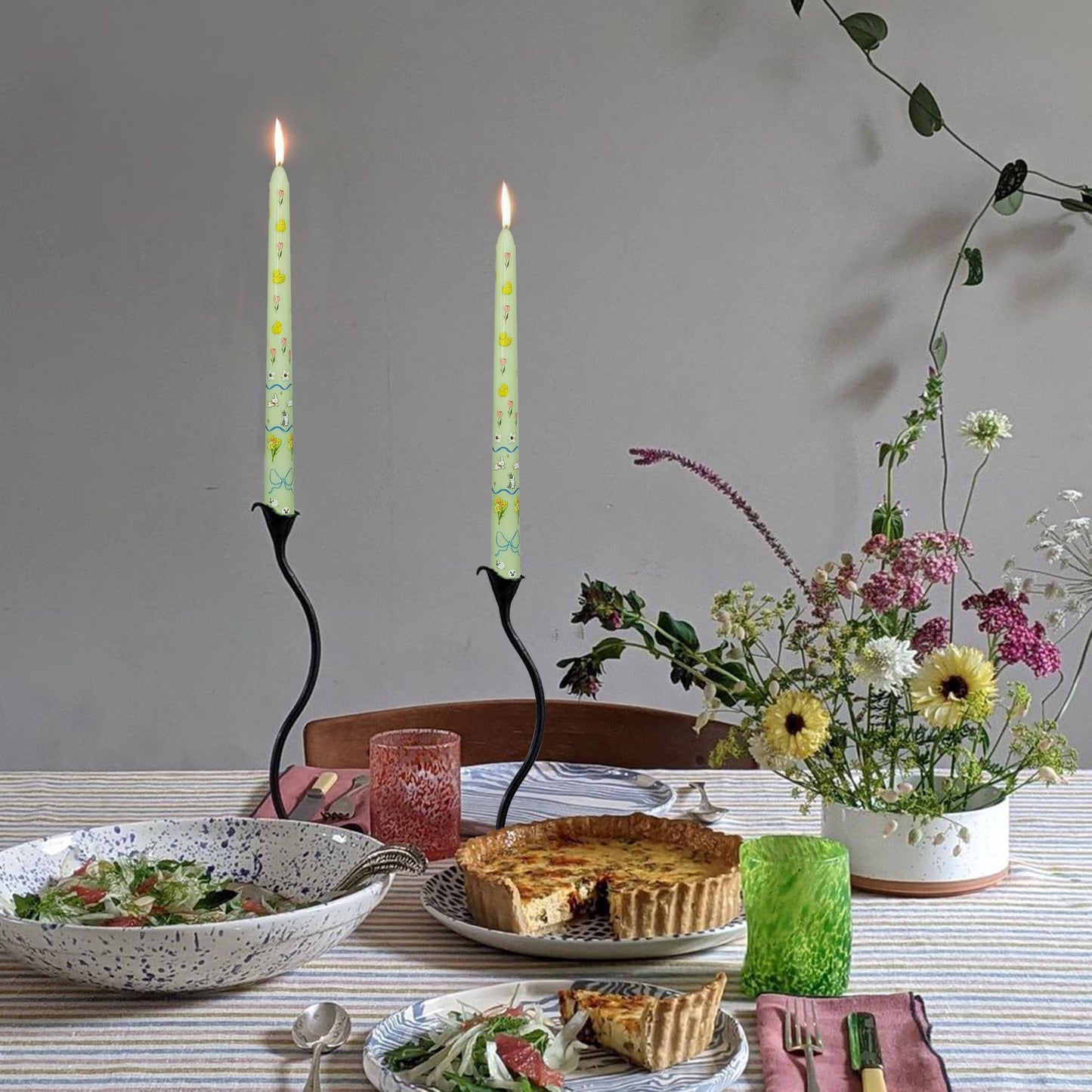 FLAMMUL Print Taper Candles Set of 2, Light Green with Pastoral Animal Floral Candle Sticks 10 Inch Long Tapered Candle Handmade Drip Candlesticks for Holiday Gifts & Home Decor