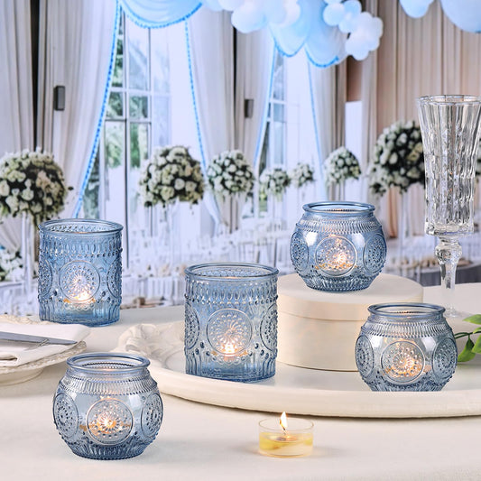 DARJEN Blue Votive Candle Holder Set of 20, Upgraded Size Tea Light Candle Holder Glass for Wedding Table Centerpieces, Elegant Bulk Votive Holders for Party, Proposals and Wedding Shower
