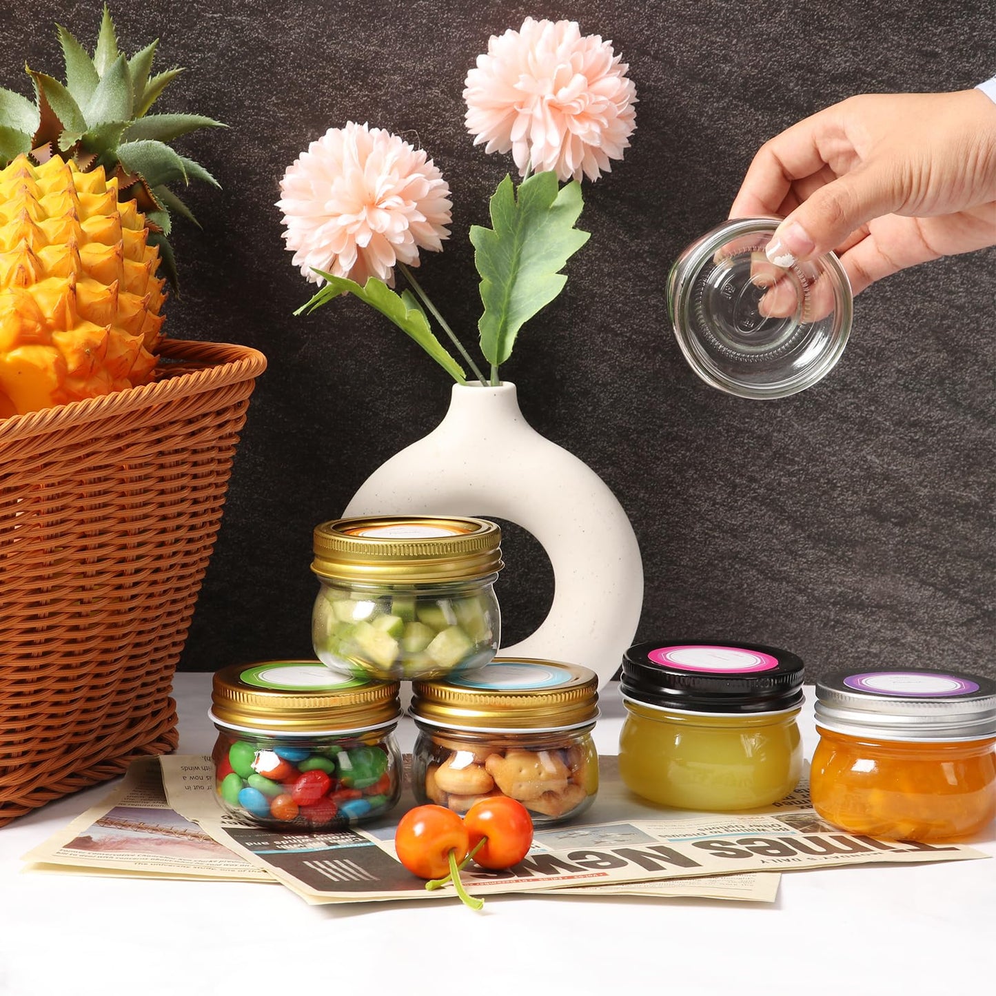 Mcupper 4 oz Mason Jars With Gold Lids, 24 Pack Regular Mouth Canning Jars for Jam, Honey, Yogurt, Spices, Snacks, DIY Projects, Wedding Favors- Includes 30 Stickers