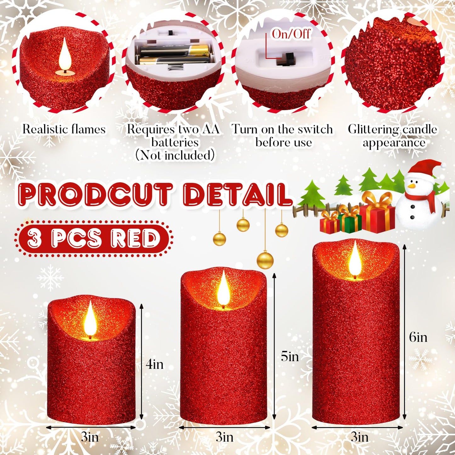 Retisee Set of 3 Valentines Glitter Flameless Candles, 4" 5" 6" Burgundy Red Operated Battery Pillar Candles Flickering Real Wax LED Candle with Remote and Timer for Valentines Home Table Centerpiece