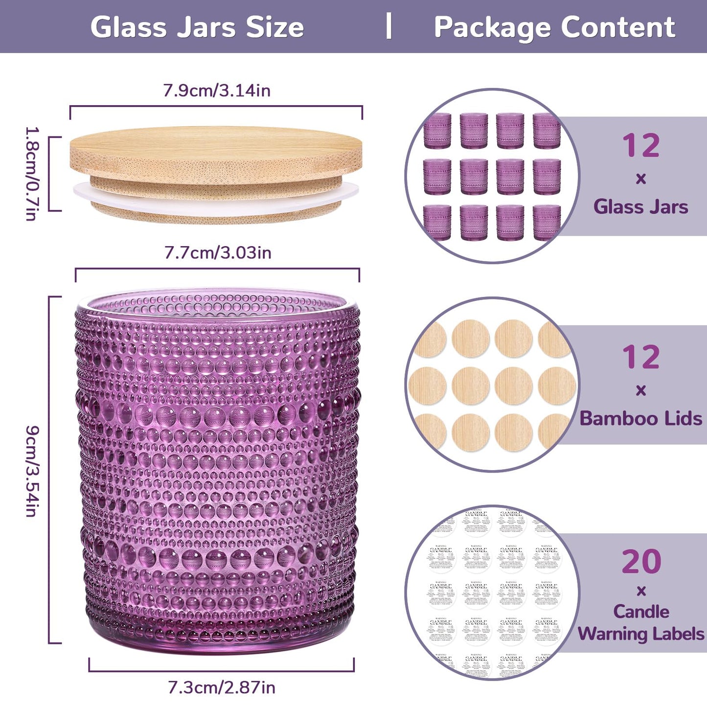 DARJEN 12 Pack Purple Candle Jars - 8 OZ Empty Glass Containers With Bamboo Lids and Labels for Making Candles, DIY Home Supplies
