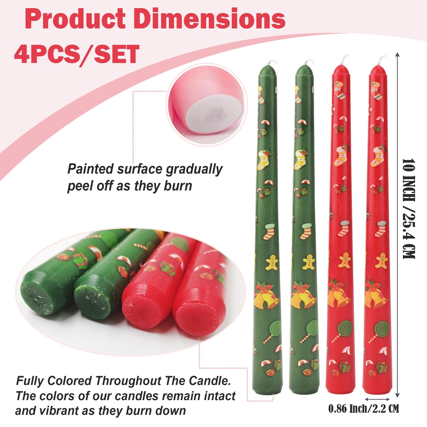 W&LESVAGO 10 Inch Christmas Print Taper Candles Set of 4, Hand-Printed Trees/Bell Patterns, Unscented Long Candlesticks for Dinner Tables & Festive Decorations