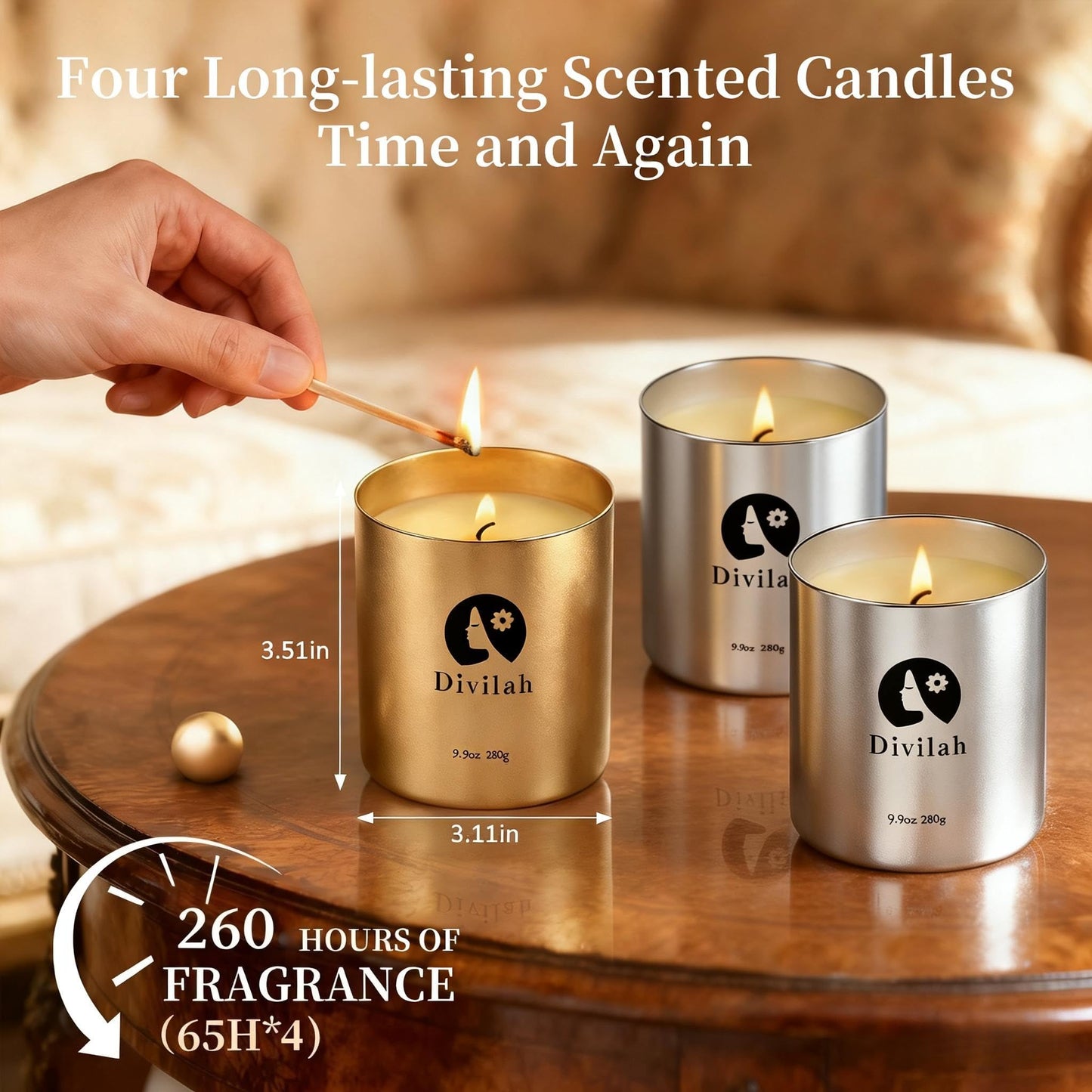 Divilah Scented Candles Set 4 Pack, Lavender & English Pear Freesia, 260H Burn Long-Lasting Natural Soy Wax Candles with Essential Oils for Home Relaxation, Stress Relief, Gifts for Women & Men, 39oz