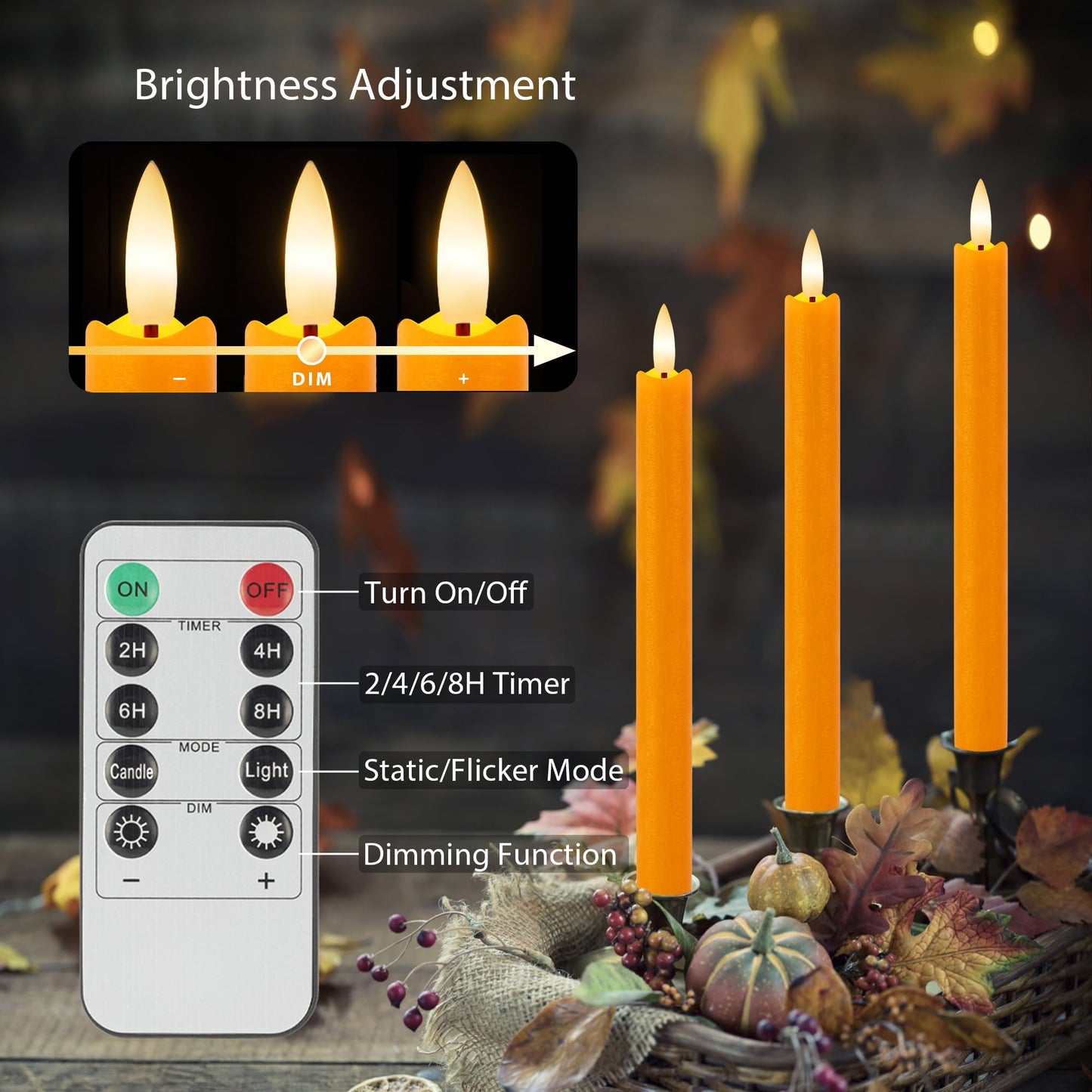 AFINETH Orange Flameless Taper Candles, 9.6" Fall Candles with Remote, Real Wax Battery Operated Candlesticks Flickering, Flameless Led Candle for Fall, Thanksgiving, Harvest, Halloween Decor, 6 Pack