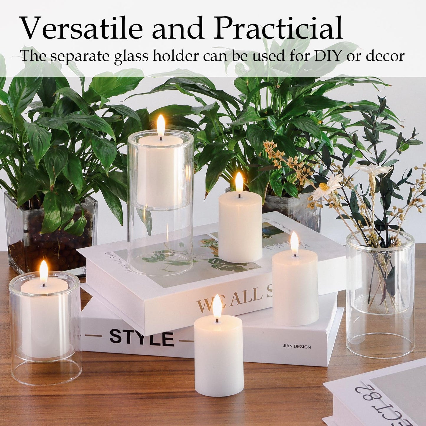 NURADA Flameless Candles with Remote Timer - Glass Real Wax 3D Wick LED Pillar Votive Candle Set Battery Operated Flickering Light for Home Christmas Decoration - White 3 Pack
