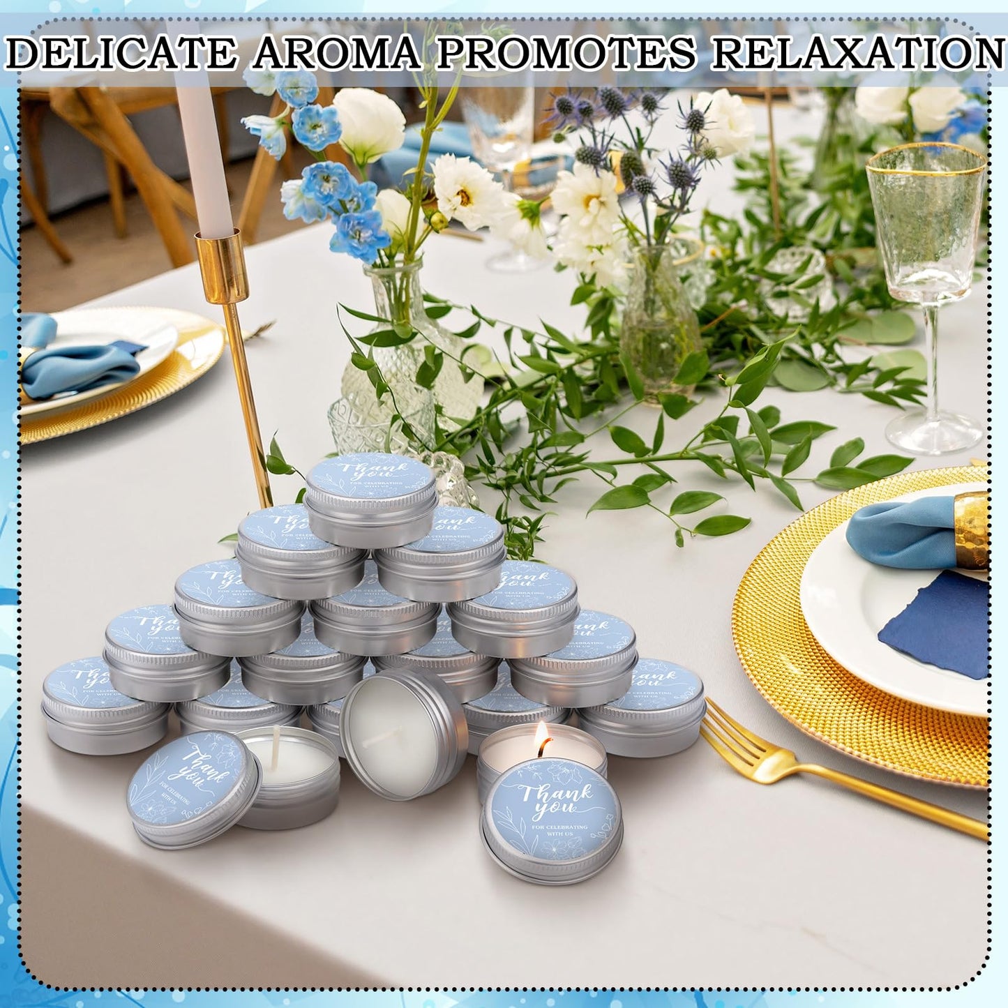 MTLEE 50 Pcs Blue Floral Wedding Thank You Candles Gifts for Guests, Bridal Shower Baby Shower Favors, 1 oz Mini Lavender Scented Soy Wax Candles Tin Bulk for Birthday Aromatherapy Party Favors
