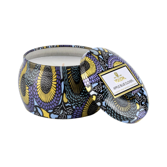 Voluspa Apple Blue Clover, Mini Tin Candle, 4 oz, 25 Hour Burn Time, Coconut Wax for Clean Burning, Handcrafted in the USA