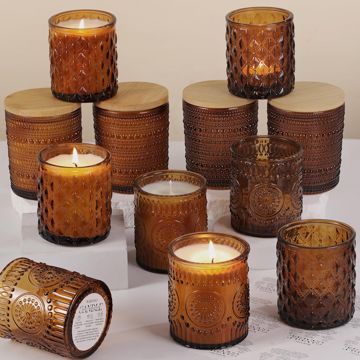 DARJEN 12 Pack Amber Candle Jars for Making Candles- 3 Styles Glass Candle Making Jars Bulk with Bamboo Lids and Labels, Candle Making Supplies Candle Vessels for Home Decor