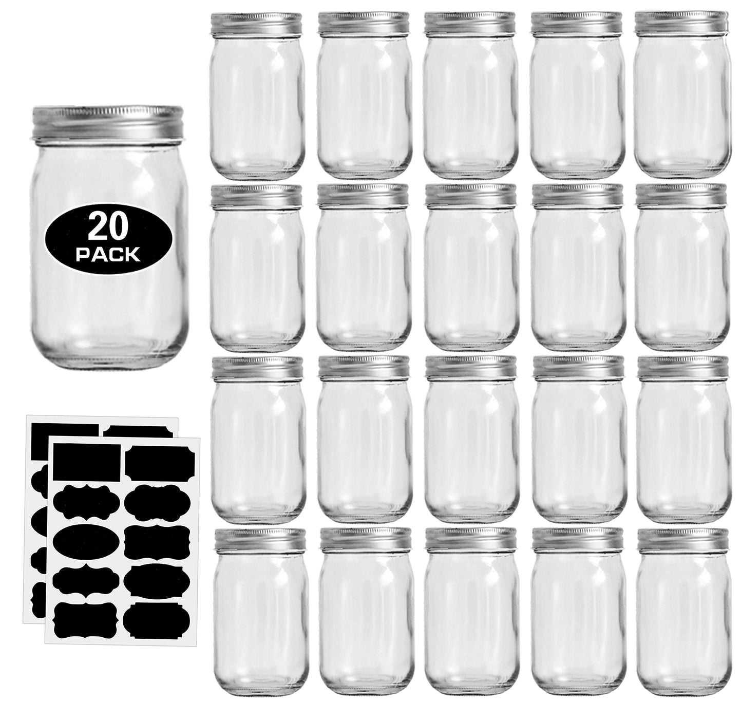 12oz Glass Jars With Lids Regular Mouth 20 Pack -Mason Jars 12 oz For Crafts, Meal Prep, Canning Jars For Food Storage Frascos De Vidrio Con Tapa Para Conservas-with 20 Chalkboard Stickers-Silver Lid