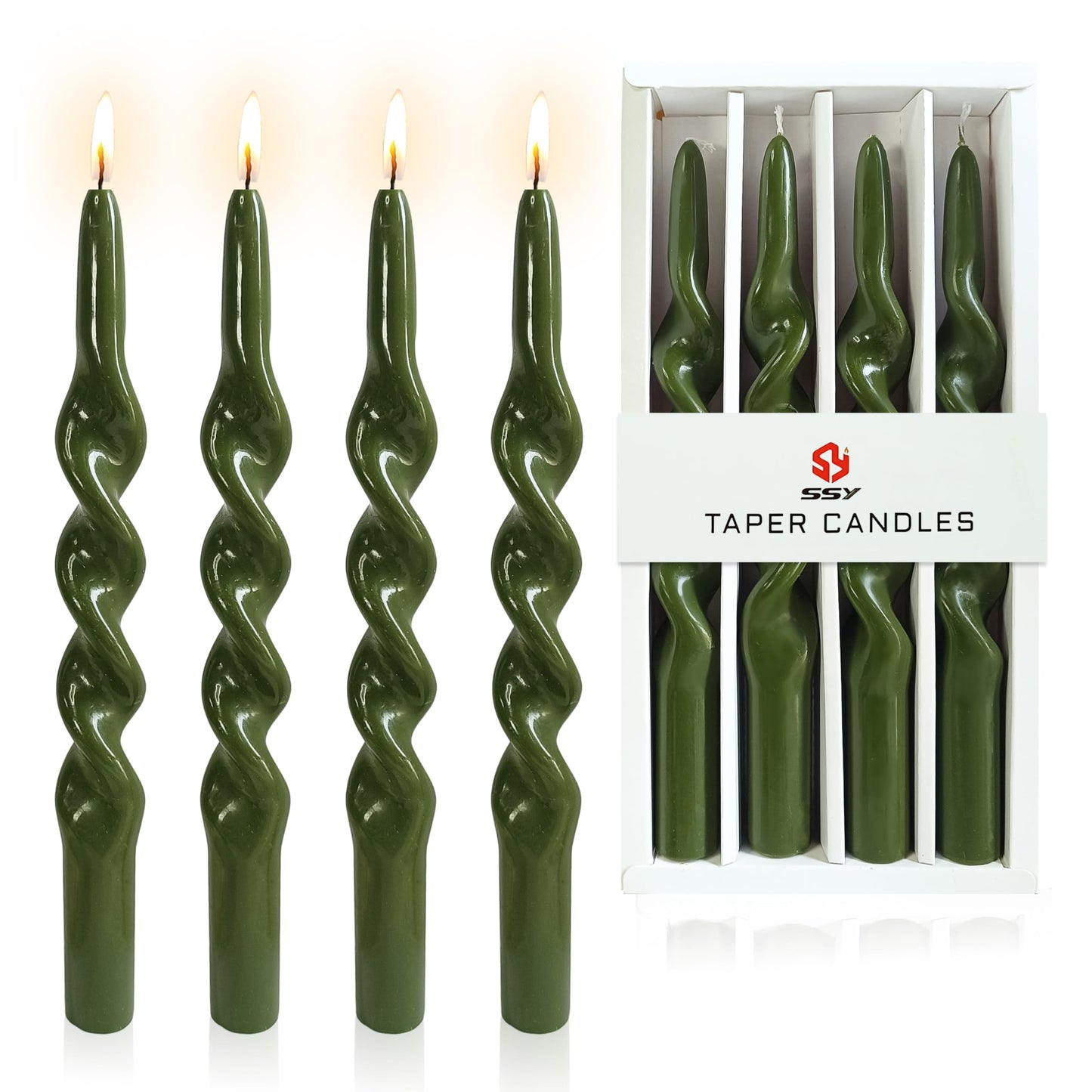 10 Inches Spiral Taper Candles Sticks Olive Green Twisted Candle Dripless Unscented Long Candles, Handmade Candlesticks for Wedding Dinner Decor, Set of 4