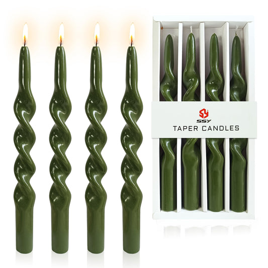 10 Inches Spiral Taper Candles Sticks Olive Green Twisted Candle Dripless Unscented Long Candles, Handmade Candlesticks for Wedding Dinner Decor, Set of 4